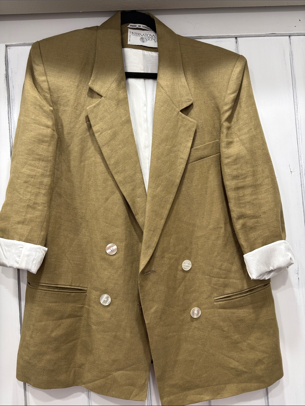 Vintage International Scene Double-Breasted Olive-Tan Blazer